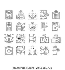 Data Recovery Computer Processing Icons Set Vector. Remote Emergency Data Recovery Hard Drive And Ssd, Smartphone And Password Line. Loss Prevention Services And Software Black Contour Illustrations