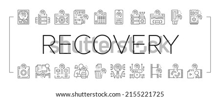 Data Recovery Computer Processing Icons Set Vector. Remote Emergency Data Recovery Hard Drive And Ssd, Smartphone And Password Line. Loss Prevention Services And Software Black Contour Illustrations