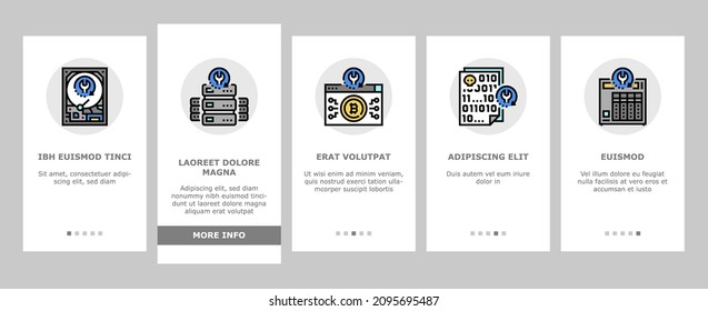 Data Recovery Computer Processing Onboarding Mobile App Page Screen Vector. Remote Emergency Data Recovery Hard Drive And Ssd, Smartphone And Password. Loss Prevention Services Software Illustrations