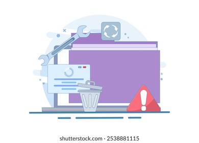 Data Recovery Concept, HDD repair icon. Recovery process. data storage backup, hardware disk repair service. system recovery process. data recovery information on database. Flat vector illustration.