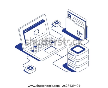 Data recovery concept with laptop showing update icon and file upload progress bar connected to server rack and document folder in isometric line contour vector illustration.