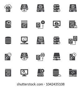 Data recovery elements vector icons set, modern solid symbol collection, filled style pictogram pack. Signs, logo illustration. Set includes icons as cloud backup, upload hard drive, computer server