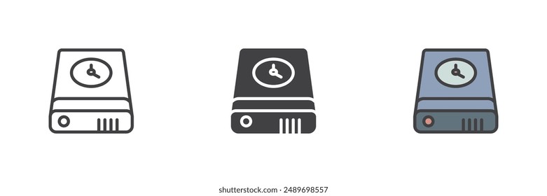 Data recovery, external time machine different style icon set. Line, glyph and filled outline colorful version, outline and filled vector sign. Symbol, logo illustration. Vector graphics
