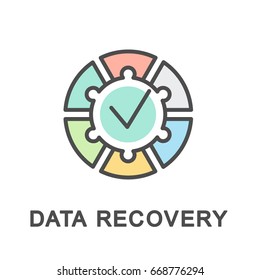Data recovery icon. Recovery the damaged database as a puzzle. The thin contour lines with color fills.
