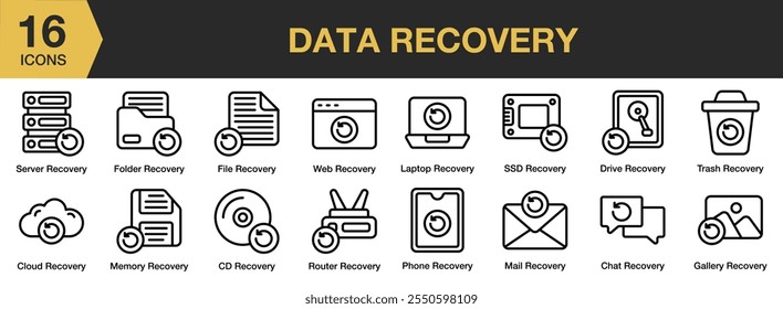 Data Recovery icon set. Includes server, web, file, folder, laptop, ssd, memory, and More. Outline icons vector collection.