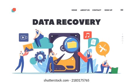 Data Recovery Landing Page Template. Tiny Workers Characters with Tools around of Huge Hard Disk. Information Storage, Backup Modern Technologies? Hosting Servers. Cartoon People Vector Illustration