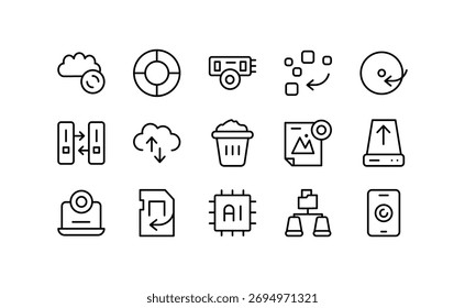 Data Recovery line icon set. Backup, cloud storage, computer, database, server, restore, protection, data transfer, security, network, vector outline icon pack. Editable stroke design