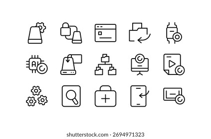 Data Recovery line icon set. Backup, cloud storage, computer, database, server, restore, protection, data transfer, security, network, vector outline icon pack. Editable stroke design