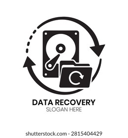 Data Recovery logo features a hard drive disk graphic with cyclical rotation arrows and a file restoration folder element. This professional corporate identity structure is ideally suited for data rescue firms, IT support centers, cybersecurity agencies, or computer repair shops wanting a modern business logo.