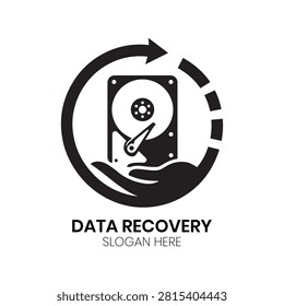 Data Recovery logo features a hard drive disk cradled within a protective hand symbol accompanied by restoration arrows. This professional corporate identity structure is ideally suited for secure data rescue companies, customer support IT centers, cybersecurity agencies, or tech guarantee services wanting a modern business logo.