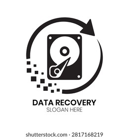 Data Recovery logo features a hard disk drive combined with digital pixel transfer particles and a cyclical arrow. This premium design presents a professional structure for a corporate identity that perfectly suits hard drive repair companies, cyber security firms, or data rescue specialists wanting a clean business logo.