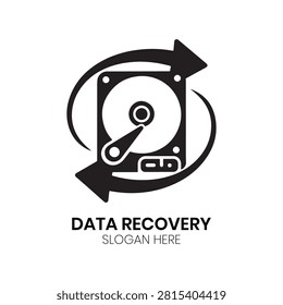 Data Recovery logo illustrates a hard drive disk encircled by rotation arrows alongside a recovery folder symbol. This professional corporate identity structure is ideally suited for computer maintenance centers, data rescue agencies, software developers, or IT support businesses wanting a modern business logo.