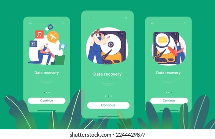 Data Recovery Mobile App Page Onboard Screen Template. Characters Fixing Data And Information Storage, Backup, Modern Technologies And Hosting Servers Concept. Cartoon People Vector Illustration