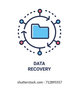 Data Recovery - modern vector single line design icon. An image of a folder in a circle made of arrows and dots, red and blue colors. White background. Cloud technology presentation.