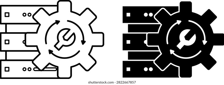 Data Recovery Process Icons. Line and Glyph Vector Illustrations. Search and Rescue Lost, Deleted, or Broken Data from Digital Drives. Gear, Wrench, and Database. Digital Forensics and Cyber ​​Detective Concept