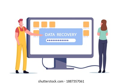 Data Recovery Service, Backup, Hardware Protection Repair Concept. Tiny Male Character in Worker Uniform Presenting Huge Monitor with File Folders. Client Support. Cartoon People Vector Illustration