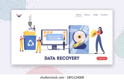 Data Recovery Service, Backup and Protection, Hardware Repair Landing Page Template. Tiny Characters in Worker Uniform at Huge Broken Pc, Crane and Litter Bin. Cartoon People Vector Illustration