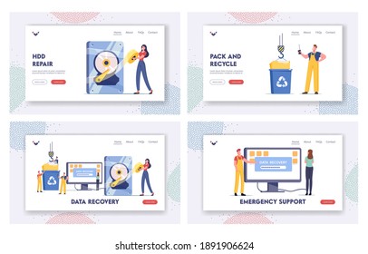 Data Recovery Service, Backup and Protection, Hardware Repair Landing Page Template Set. Tiny Characters in Worker Uniform at Huge Broken Pc, Crane and Litter Bin. Cartoon People Vector Illustration