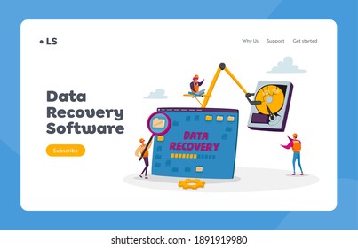 Data Recovery Service, Backup and Protection, Hardware Repair Landing Page Template. Tiny Characters in Worker Uniform and Helmets at Huge Broken Pc and Hard Disk. Cartoon People Vector Illustration