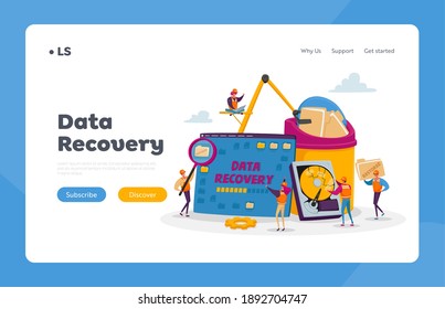 Data Recovery Service, Backup and Protection, Hardware Repair Landing Page Template. Tiny Characters in Worker Uniform and Helmet at Huge Broken Pc and Litter Bin. Cartoon People Vector Illustration