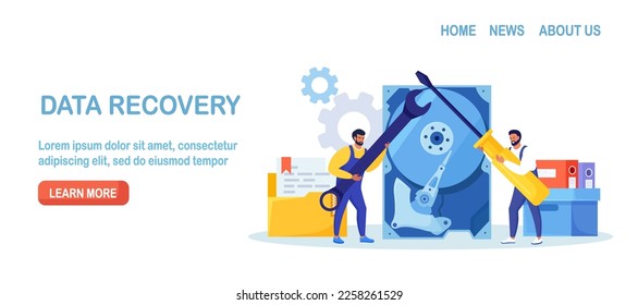 Data recovery service, data storage backup. People in worker uniform repairing HDD. Hardware hard disk repair. Restoration process and protection