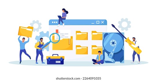 Servicio de recuperación de datos, backup de almacenamiento de datos. Personas con uniforme de trabajo reparando disco duro. Reparación del disco duro de hardware. Documentos de protección y proceso de restauración. Transferir la base de datos digital a la carpeta hospedada