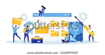 Data recovery service, data storage backup. People in worker uniform repairing HDD. Hardware hard disk repair. Restoration process and protection documents. Transfer digital database to hosted folder