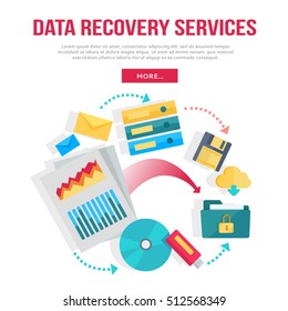 Data recovery services banner. Networking communication and data carriers icons on white background. Data protection, storage service and online cloud storage, security and privacy, safety and backup.