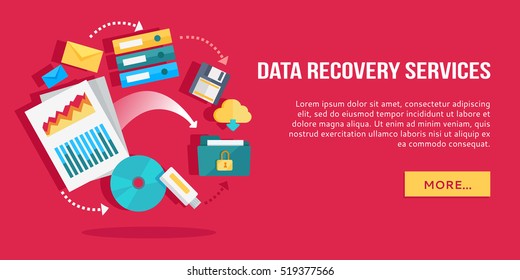 Data Recovery Services. Set Of Concept Flat Icons Data Storage, Cloud Computing, Data Provision Services. Numerous Colored Web Icons, Business Stuff, Computer Parts, Infographic Elements. Vector