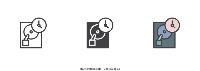 Tiempo de recuperación de datos conjunto de iconos de estilo diferente. Línea, glifo y contorno relleno versión colorida, contorno y Vector relleno signo. Disco duro con símbolo de reloj, ilustración de logotipo. Vector gráfico