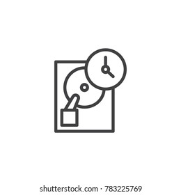 Data recovery time machine line icon, outline vector sign, linear style pictogram isolated on white. Hard disk with clock symbol, logo illustration. Editable stroke