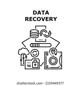 Data Recovery Vector Icon Concept. Data Recovery Software And Computer Service Occupation, Private Information And Media Files Renewal From Digital Hard Disc And Locked Folder Black Illustration
