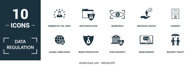 Conjunto de iconos de Regulación de datos. Recopilación de elementos simples como la información, la sincronización, el cumplimiento global, la protección monetaria. Señales de temas de Regulación de datos.