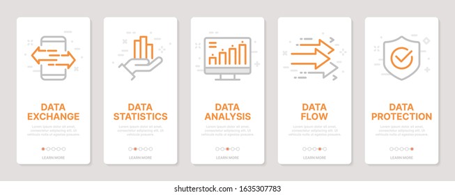 Data related vertical cards. Mobile app onboarding screens Templates for a website. Icons with editable stroke