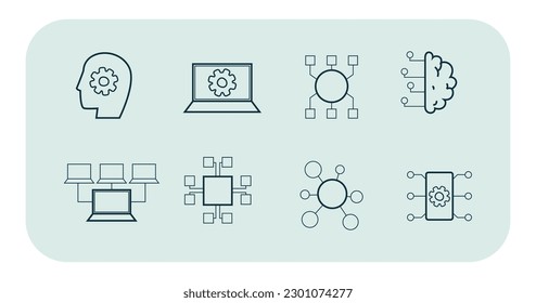 Datenbericht und eingehende Analyse mit AI-Line-Illustrationen Set. Konkrete Symbole der Forschung von Wissenschaftsmodellen, maschinelles Lernen, Algorithmen und Systemvorhersage. Konzept der künstlichen Intelligenz