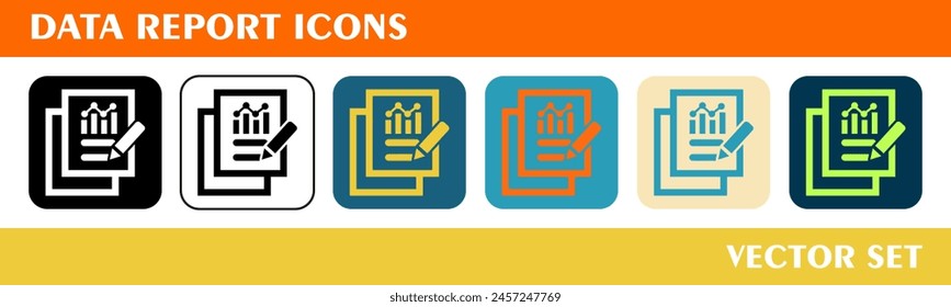 Data report icons set. 6 style icons with various colors. For sign, symbol, web design or web graphics. 