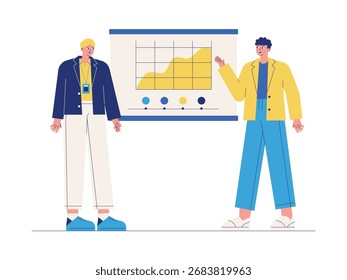 Relatório de dados feito por estagiários com funcionários, ilustração de vetor de desenho animado de estágio.