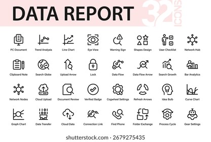 Conjunto de iconos de línea moderna de informe de datos. Profesional Paquete de Vectores de esquema mínimo de gráficos, estadísticas, economía, análisis, negocios y gráficos de mercado.