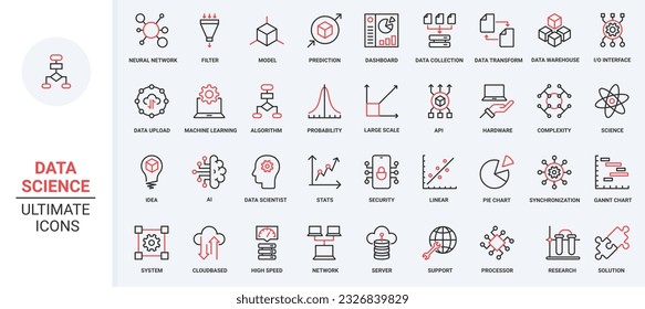 Reporte de datos e investigación de modelos científicos, análisis profundo con iconos de línea delgada roja de moda AI set ilustración vectorial. Aprendizaje automático, cálculo de probabilidades, algoritmos y predicción del sistema.