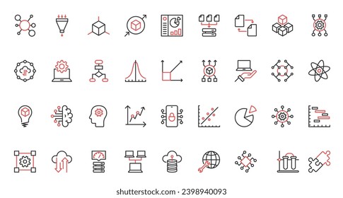 Data report and science model research, deep analysis with AI trendy red black thin line icons set vector illustration. Machine learning, probability calculation, algorithms and system prediction.