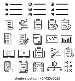 data report statistics related line icon set. Data report linear icon. Presentation statistics and selected columns, collection of line vector signs about management data