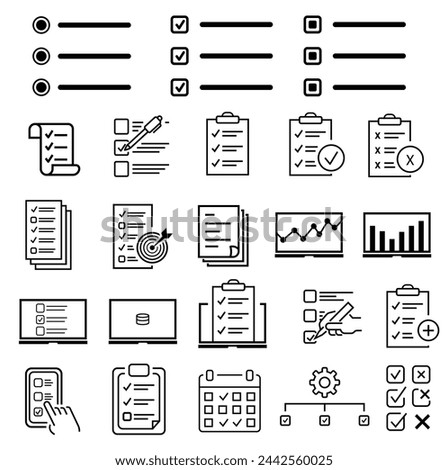 data report statistics related line icon set. Data report linear icon. Presentation statistics and selected columns, collection of line vector signs about management data