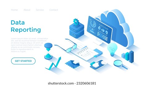 Data reporting, analysis, analytics, auditing. Data monitoring and marketing. Graphs and charts on the monitor screen. Landing page template for web on white background.	
