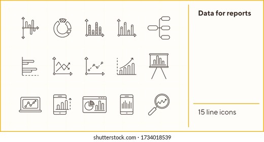 Data for reports line icon set. Chart, diagram, analytics isolated outline sign pack. Graph, analysis, statistics concept. Vector illustration symbol elements for web design and apps