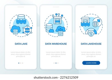 Data repositories blue onboarding mobile app screen. Digital storage walkthrough 3 steps editable graphic instructions with linear concepts. UI, UX, GUI template. Myriad Pro-Bold, Regular fonts used