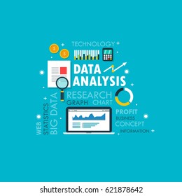 Data research, analysis, web statistics vector with word cloud and icons on blue background