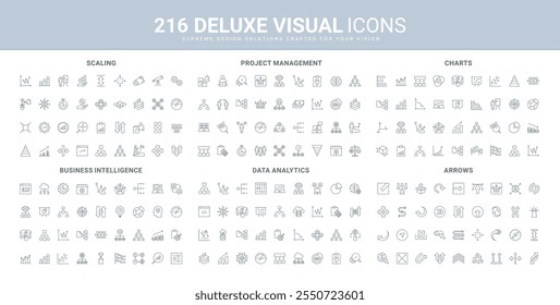 Data research, business analytics and intelligence, scaling and scalable arrows line icon set. Digital solution and idea, charts, project management thin black outline symbols vector illustration