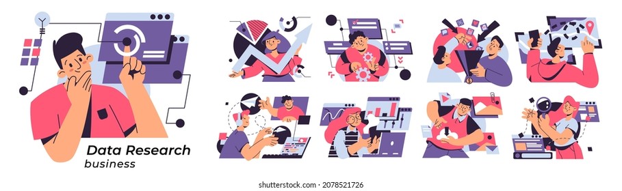 Data Research Business Set Isolated Vector Cartoon Illustrations. Man Thinking About New Idea, Analysing Diagrams, Finding Location And Making Settings, Teamwork And Sales Funnel, Online Uploads