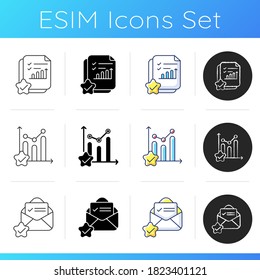 Data research completed icons set. Positive review. Report on growing financial chart. Mail received. Statistic progress. Linear, black and RGB color styles. Isolated vector illustrations