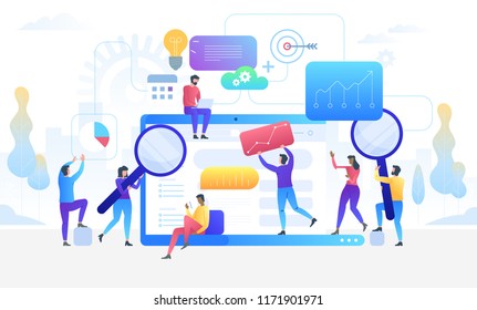 Data research. Digital analytics information tools. Big data. Vector flat illustration